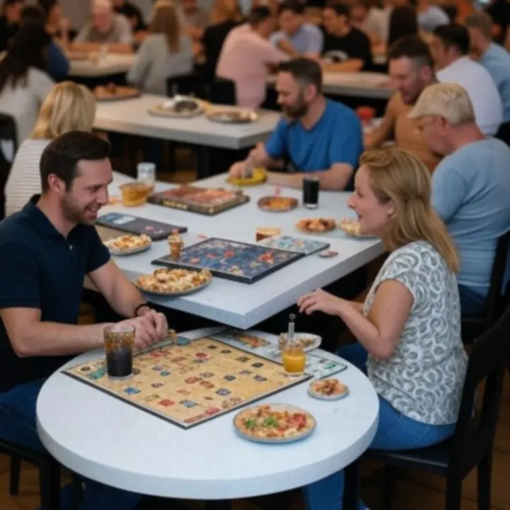 Stół z grami planszowymi i grupą znajomych w PLGameHouse