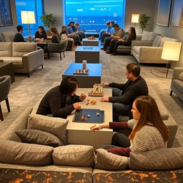 Przytulna strefa wypoczynkowa z wygodnymi fotelami i gośćmi grającymi w gry.