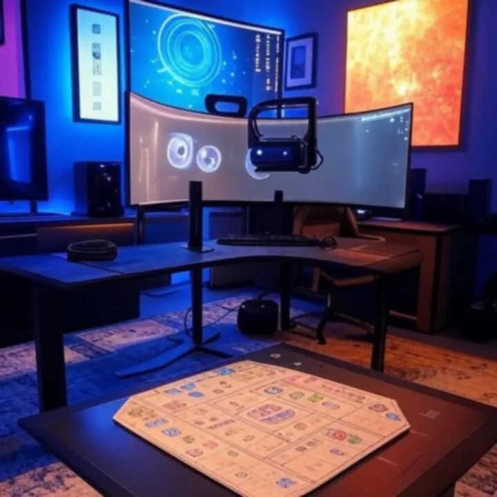 Strefa gamingowa PLGameHouse z konsolami, monitorami i podświetlanymi stanowiskami.