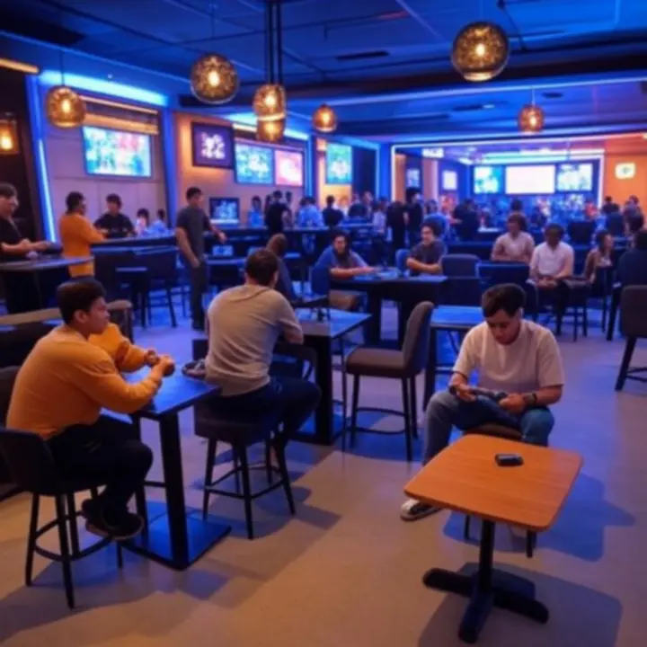 Wnętrze gaming baru-kawiarni PLGameHouse z nowoczesnym oświetleniem i stanowiskami do gier.