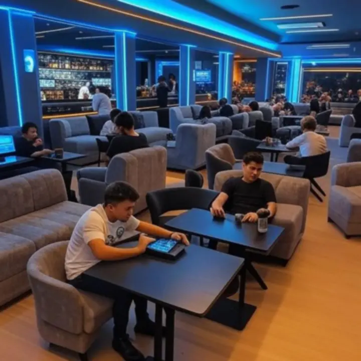 Nowoczesny gaming bar-kawiarnia z graczami przy konsolach i stolikach